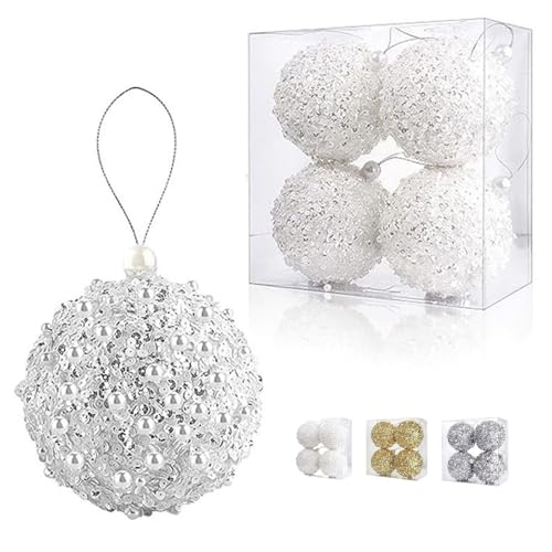 4.2 White Christmas Ball Ornaments 4pc Set White Shatterproof Decorations Plastic Materials Large Ornaments for Christmas Tree Hanging Xmas Wedding Party Holiday Decorations