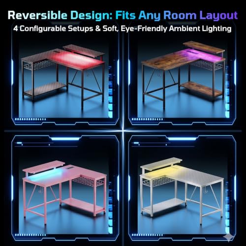 Bestier Gaming Desk with Power Outlets, 42" L-Shaped Computer Desk with LED Lights, Desk with Reversible Storage Shelves & Hooks for Small Spaces, Bedrooms & Offices, Black Carbon Fiber — view 6