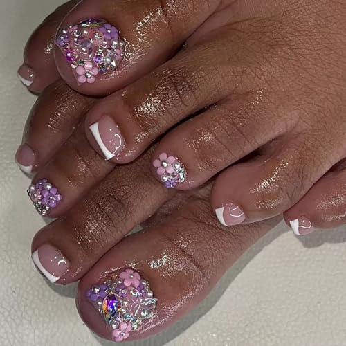 Image of Purple Pink Flower Press on Toenails Short Square Fake Toe Nails with Rhinestone Design Glossy Full Cover White French Tip Stick on Toenails for Women 24Pcs