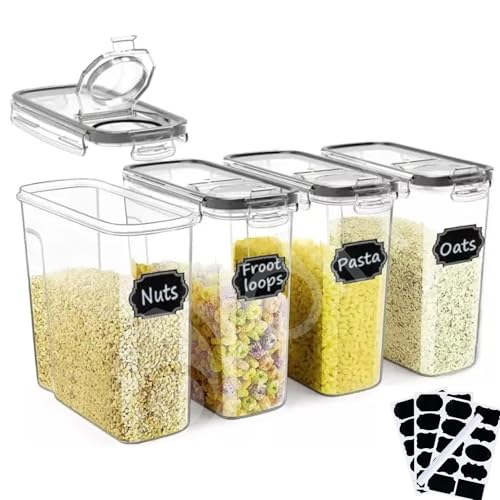 Dihl 4 Piece Airtight Food Storage Container Set, 4 pack of 4 Litre BPA Free Plastic Kitchen Pantry Organiser Canisters with Easy Pour Lids. For Cereal & Dry Food. With Labels & Marker