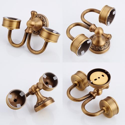 Image of Wall Mounted Bathroom Double Tooth Brushed Cup Holder, Antique Brass Pattern Carving,Brushed Bronze