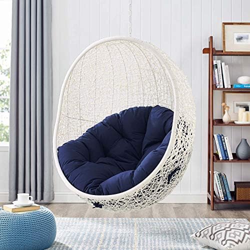 Modway EEI-3634-WHI-NAV Hide Wicker Rattan Sunbrella Fabric Outdoor Patio Swing Chair with Hanging Steel Chain in White Navy
