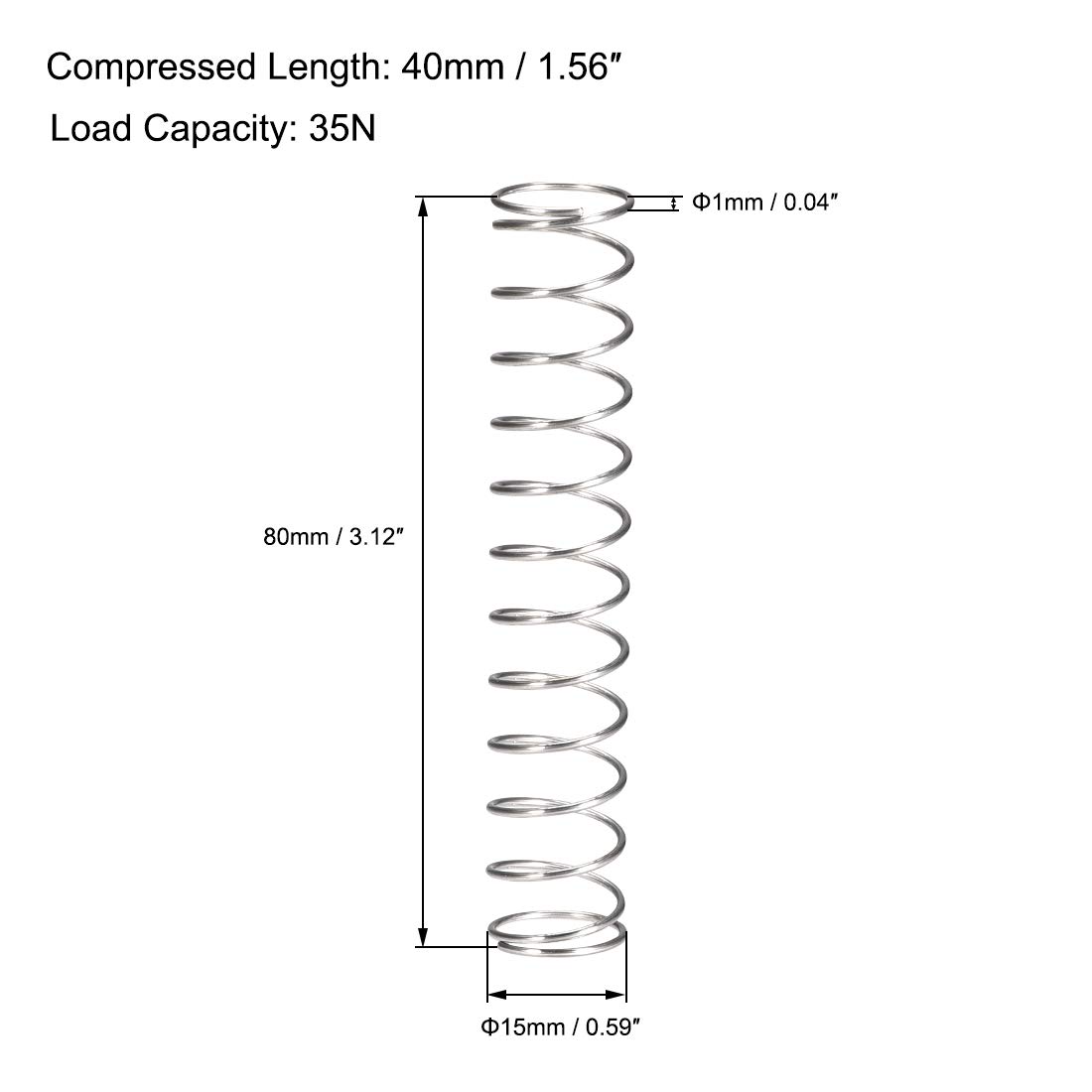 sourcing map 10 Stück Druckfeder 304 Edelstahl Druckfedern Spiralfeder Stahlfeder 15mm Außendurchmesser 1mm Drahtdurchmesser 40mm Komprimierte Länge 80mm Länge 35N Tragfähigkeit Silber