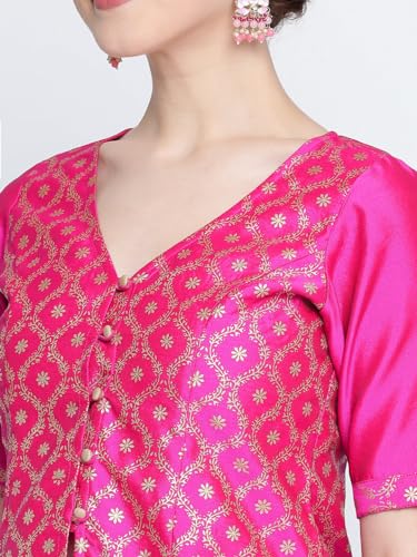 Image of studio rasa Women's Silk Blend Block Printed Button Down Readymade Top for Wedding Festive Party
