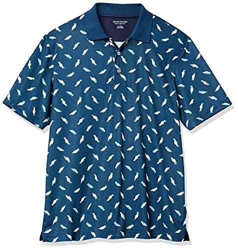 Amazon Essentials Polo de Golf, Secado Rápido Que Absorbe la Humedad, Manga Corta Hombre, Cian Oscuro Estampado de Pájaros, XL