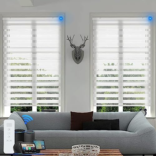 Blindify Motorized Blinds with Remote Control Rechargeable Battery Motor Compatible with Alexa Light Filtering Privacy Light Control Smart Zebra Blinds Solar Power, Child Safety (90% Shading-White)