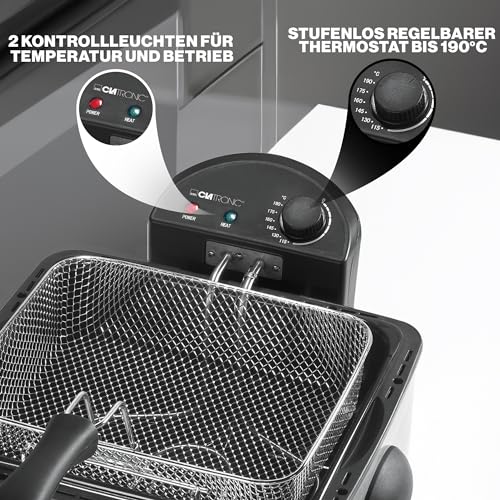 Clatronic® Doppel-Fritteuse | 2 Frittierkörbe & 1 großer Frittierkorb | Kapazität für 4L Öl/Fett |Stufenlos regelbarer Thermostat bis 190° C | 2 Kontrollleuchten | Spritzschutzdeckel | 2000W | FR 3195 – Bild 4