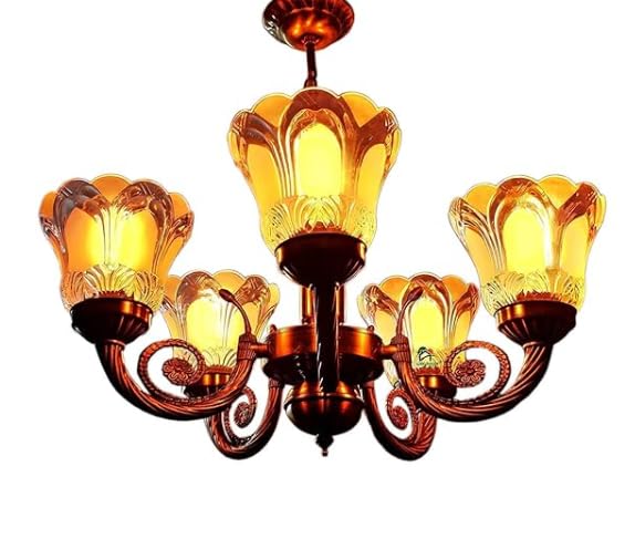 Image of SUANI 5 Lamp Gold Plated Brass and Glass Antique Chandelier, Jhoomer, for Living Room, Dining Area, Hall, Office, Banquet Hall (Bulb Included)