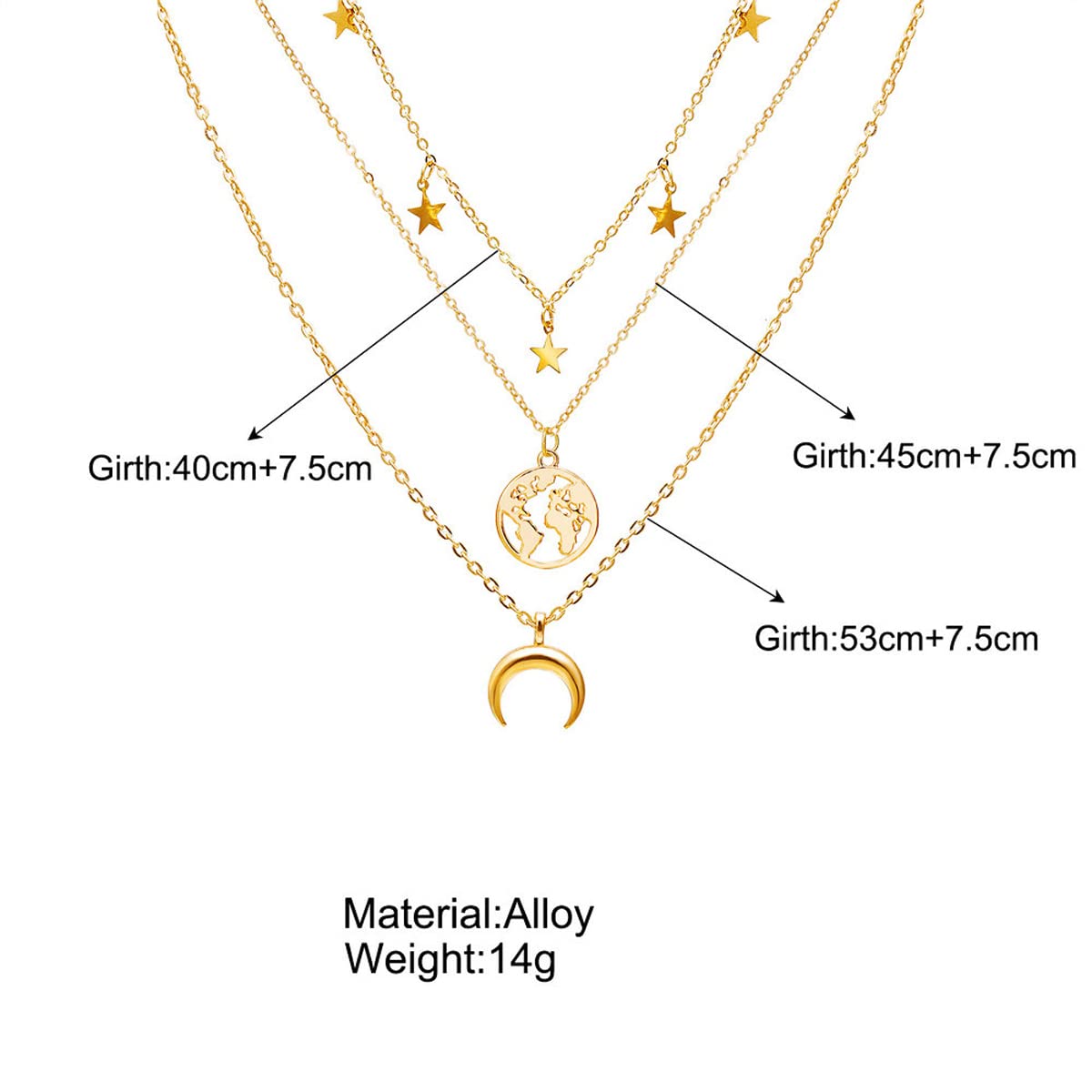 Glamorous Plated Triple Layered Moon Star Necklace