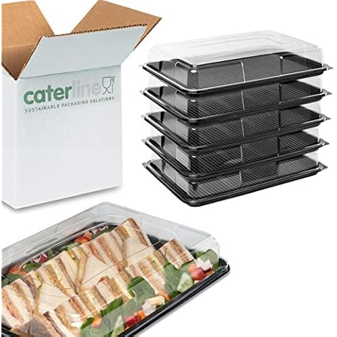 10 Caterline Large Reusable & Recyclable Plastic Buffet platters 450mm x 310mm x 75 Deep Black Base/Clear Lids Cover