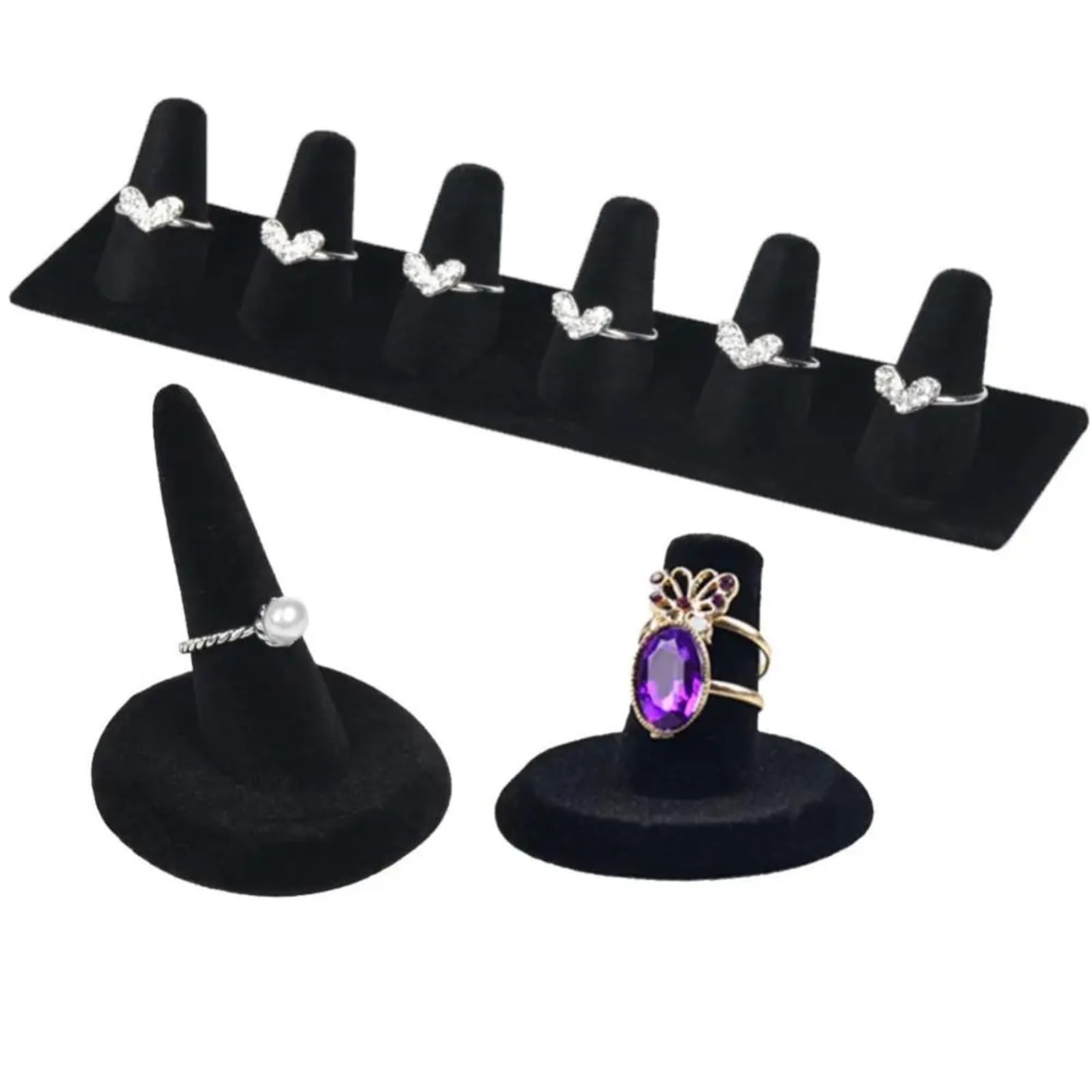 Yangshe 2Pcs 6 Fingers Ring Display Stands Black Velvet Finger Cone Fingertip Ring Stand Display Storage Showcase Jewelry Organizer