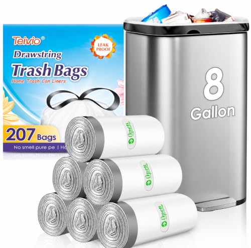 Image of Teivio 8 Gallon 210 Counts Strong Drawstring Trash Bags Garbage Bags, Medium Kitchen Trash Can Bathroom Bin Liners, Plastic Trash Bags for Home Kitchen Office, White