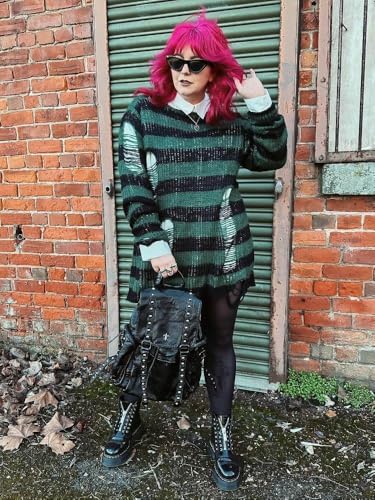 Image of Ro Rox Gothic Knitted Jumper with Distressed Look - Oversized Pullover Ripped Design, Loose Fit, 90s Grunge Stripe Pattern