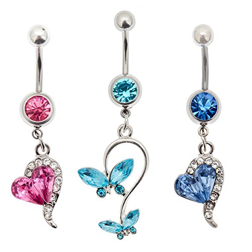 VAGA Belly Rings Pack Set of 3 Silver Colored 316F stainless steel 14 Gauge Belly Rings Navels Buttons Piercings Bellybuttons Bananabells Barbells With Rhinestones Crystals