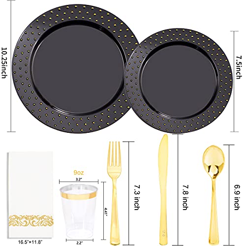 Liacere 175Pcs Black Plastic Plates - Black And Gold Plastic Plates - New Years Plates Include 25Dinner Plates, 25Dessert Plates, 75Cutlery, 25Cups, 25Napkins Ideal For Party & Wedding&New Year #TOP2