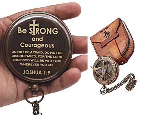 Brass Sundial Compass with Leather Case – Be Strong & Courageous Joshua 1:9 Engraved Quote – Christian Gift for Son, Daughter, Graduation, Birthday – Faith Keepsake for Encouragement