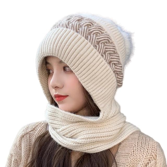 Women's Knitted Hat Winter Plush Velvet Warm Woolen Cap Neck Scarf | Twist Color Fuzzy Slouchy Beanie Monkey Cap with Muffler for Ski Hiking Outdoor Girls & Ladies-picture-47