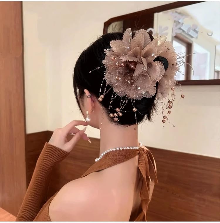 Large Chiffon Bead Floral Tassel Plastic Hair Claws Clips Double Flower Hair Claw Barrettes Clamps Bun Chignon Updo Holders Hair Accessories for Women (Coffee)