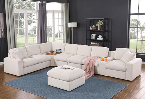 Image of Ball & Cast 157 inch Oversized Modular Sectional Sofa L-Shaped,Large Chenille Upholstered Couch 8 Seat with Ottoman,Cup Holders & USB Ports,Comfty Sectionals W /Pillows & Storage Box,for Living Room,Beige