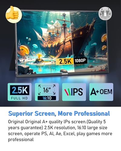 Image of 2.5K 144Hz Portable Gaming Monitor 16 inch, 2560x1600, Plug & Play, 100% sRGB, 500nits, 16:10, Eye Care Second Computer Display with Speakers for Laptop, PC, Mac, P-S4 /5, Sw-tch, X-BO, USB-C /HDMI, (K16G)