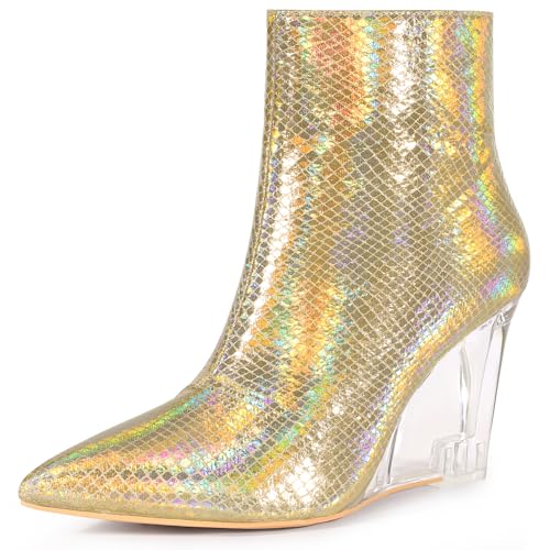 Allegra K Women's Snakeskin Printed Ankle Boots Pointed Toe Wedge Clear Heels Boots