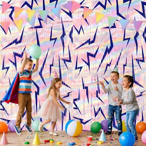 Image of Tiamon 2 Pack Kpop Party Decorations 3.3 x 6.6 Ft Foil Fringe Curtains Backdrop Purple Lightning Energy Holographic Rainbow Tinsel Streamers Photo Booth for Girls Birthday Party Supplies