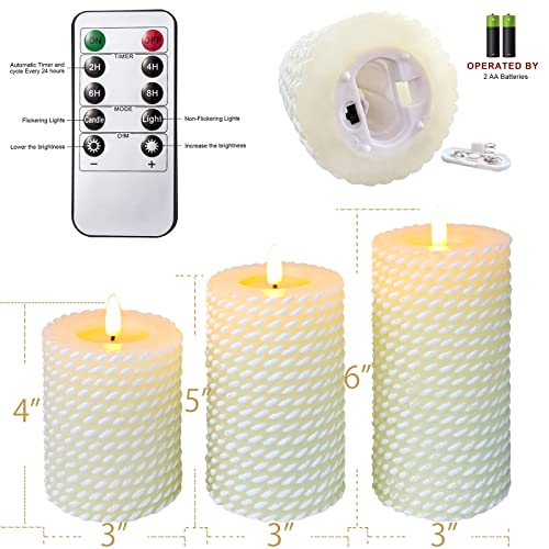 Image of Flameless Candles Set of 3, White Real Wax Rope Theme Battery Operated LED Candles with Remote Control and Timer for Gift Home Festival Decor