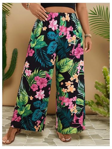 MakeMeChic Women's Plus Size Floral Palazzo Pants Elastic Waist Wide Leg Tropical Print Summer Trousers2