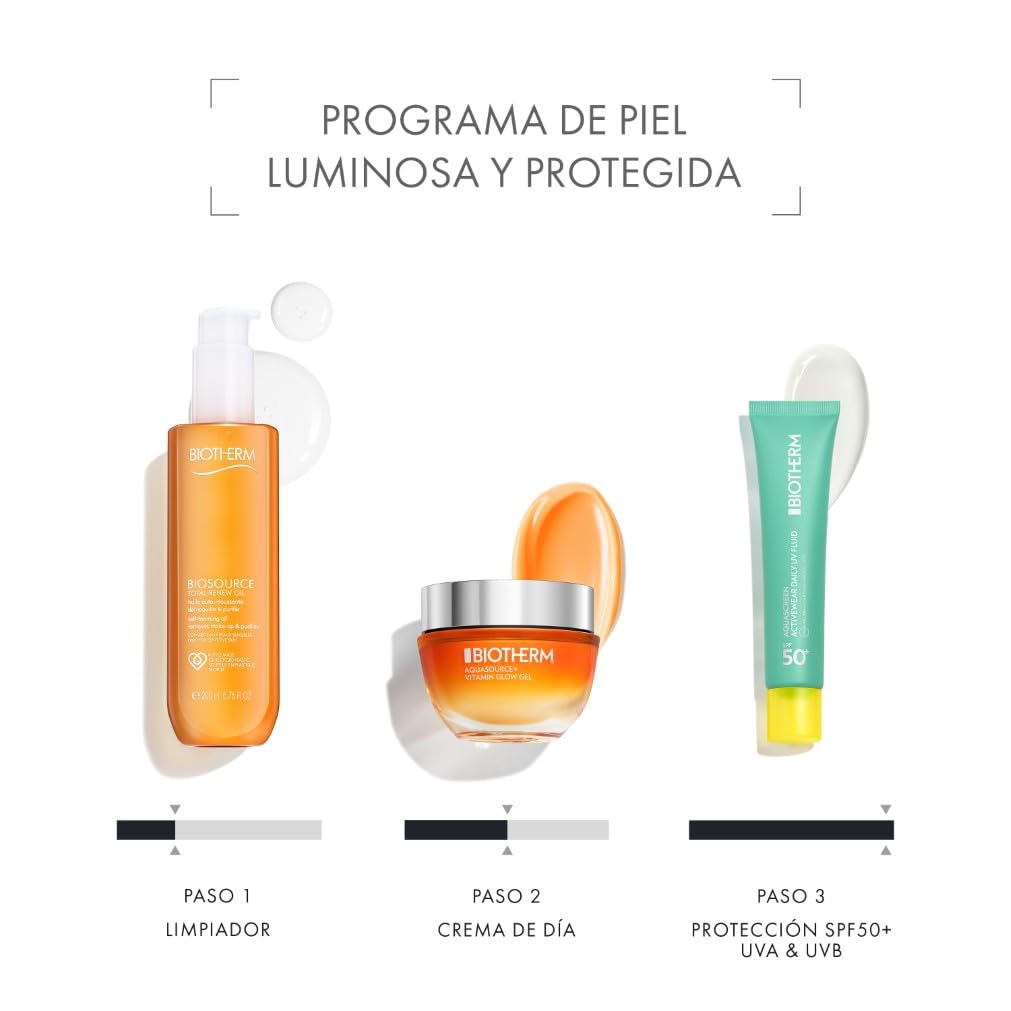 Biotherm Aquasource Vitamin Glow, Gel Crema Hidratante, Rostro Luminoso, Barrera Cutánea Reforzada, Enriquecido con Vitamina B3 y Astaxantina, 50 ml.