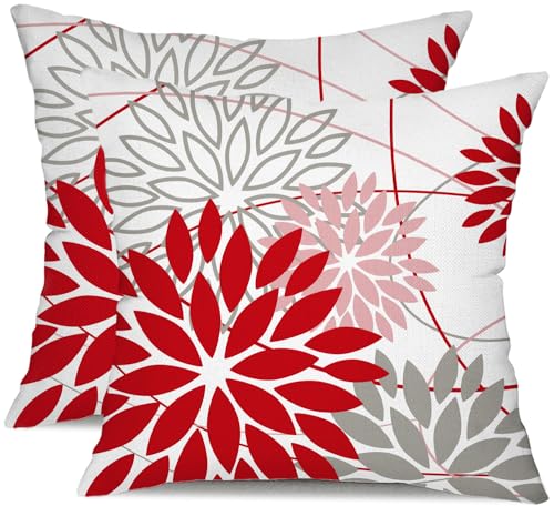DFXSZ Red Pink Grey Floral Outdoor Pillow Covers 20x20 Set of 2 Waterproof