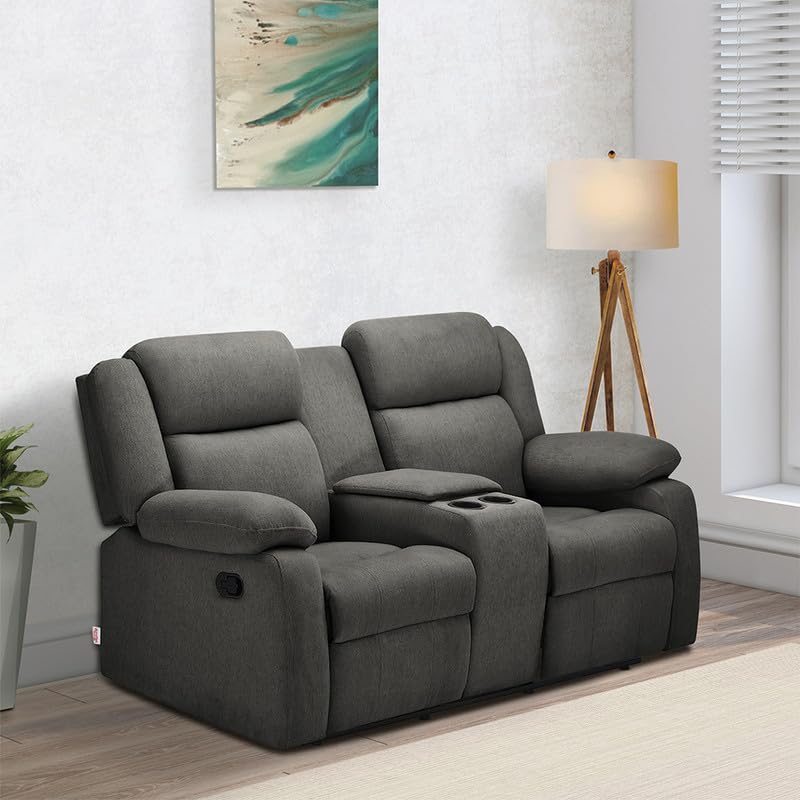Duroflex Avalon Twin - 2 Seater Premium Fabric Manual Recliner Sofa | 3 Recline Positions | Dual Cup Holders | Plush Cushioning & Back Support | Durable Wood Frame | 3 Years Warranty - Grey