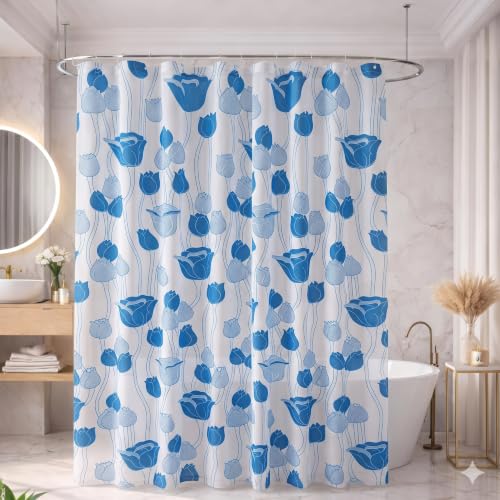 Image of Shower Curtain 7 Feet | Waterproof PVC Printed Bathroom Curtain with 8 Rings | Transparent Stone Print Bathtub Curtain | Extra Long Bathroom Liner, Waterproof & Easy to Clean (Blue Rose,Pack Of 2)