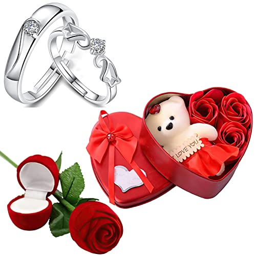 Fashion Frill Valentine Gift For Girlfriend Crystal Heart Silver Couple Ring Red Rose Ring For Women Girls Men Boys Valentine's day Gift Heartbox with Teddy Gifts For Wife Boyfriend