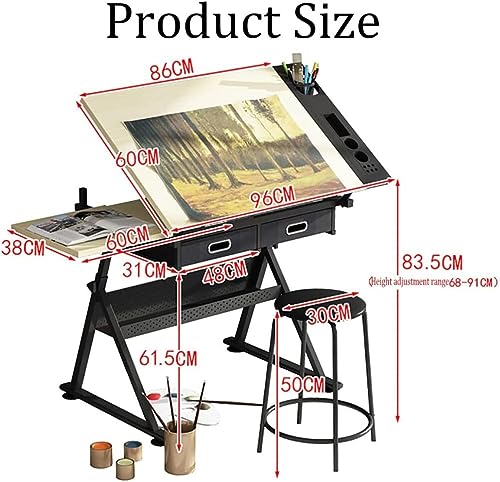 Adjustable Drafting Table with Stool,2 Drawers Drawing Table Craft Table with Metal Frame,Tiltable Art Craft Desk