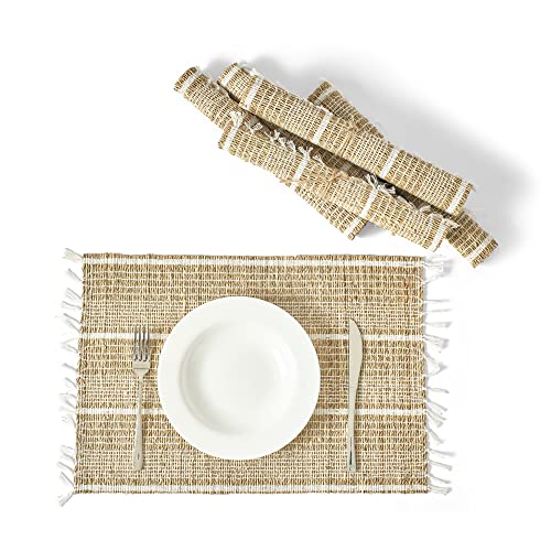 Artera Woven Placemats - Set of 6, Natural Wicker Placemats, Seagrass Straw Braided Placemats, Heat Resistant Non-Slip Weave Placemats Handmade (Style 2)