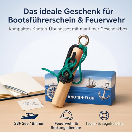 Knoten Übungsset Seemannsknoten Knoten−Floh – Knotentrainer aus Holz mit Klampe und Tauwerk, für Bootsführerschein SBF See & SBF Binnen, inkl. Knotentafel und Anleitung (SW/Grün)