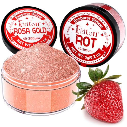 Essbarer Glitzer für Getränke - Fidton 2 Farben Lebensmittelfarbe Pulver Set, Glitzer Essbar für Torten, Fondant, Donut, Edible Glitter für Getränke, Cocktail, Essbares Glitzer Rosa Gold und Rot - 5 g