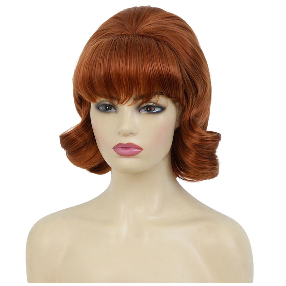 Brown Vintage Curly Cosplay Wigs for Women Auburn Bouffant Beehive 50s 60s Retro Costume Hair Wig with Bangs for Halloween Party Use (Auburn Copper) - Image 3