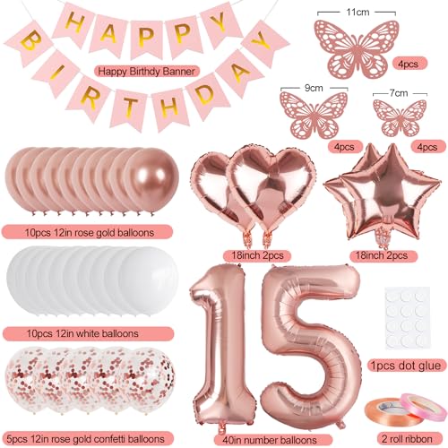 Image of Rose Gold 15th Birthday Decorations for Girl, 15 Year Old Sign with Happy Birthday Banner, 40In Number 15 Foil Birthday Balloons, Butterfly Decorations, Heart and Star Balloons