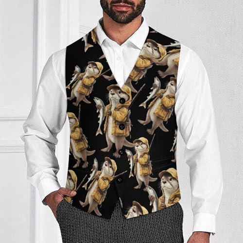 Otter Fishing Trendy Vest Suit for Men V Neck Formal Dress Waistcoat Vests Business Slim Fit4