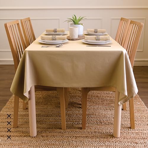 Image of Encasa XO Dining Table Cover Cloth for 4 to 6 Seater | 140x180 cm Cotton Canvas Rectangular Table Cloth | Machine Washable Tablecloth for Indoor & Outdoor Use - Light Beige Solid Color