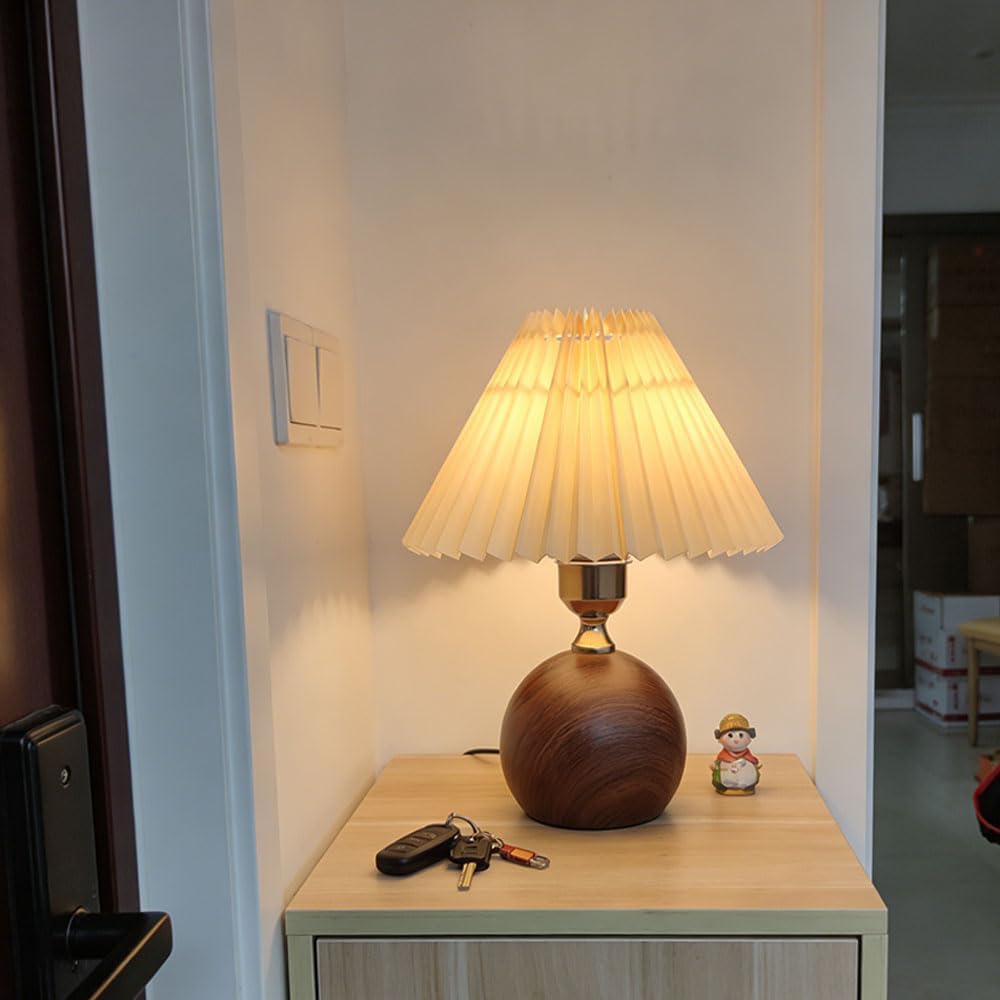 9.4" Wx11.4 H 3Color Temperature Adjustable Modern Table Lamp | Small Lampshade with Warm Light | Mini Lamp for Coffee Table, Bedside & Kitchen | Cute Pleated Fabric Shade, Walnut Brown Bulb Included