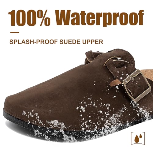 Image of Suede Clogs for Men Soft Cork Footbed Women's Clogs Mules with Arch Support, Adjustable Buckle Comfort Leather Potato Shoes, Slip-On Closed Toe Slippers