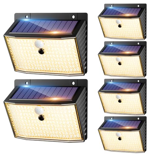 nipify Luz Solar Exterior con Sensor de Movimiento, 6 Paquete 168 LED Focos Led Exterior Solares, Foco Solar con 3 Modos, IP65 Impermeable Luces Solares Para Jardín,Garaje,Calle,Patio, Blanco cálido