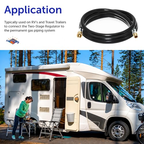 Image of Flame King 120-inch Propane Thermo Plastic Hose Assembly, 3 /8-inch ID, 3 /8-inch MPT X 1 /2-inch Female Flare, for RVs and Travel Trailers