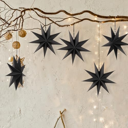Image of SUNBEAUTY 5 Pcs 9-Pointed Black Paper Star Lanterns 12 Inch Hanging Lamp Black Paper Funeral Decorations Christmas Birthday Home Holiday Party Decorations
