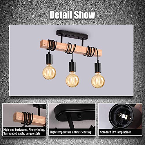 Lightess Industrial Wood Pendant 3-Head Adjustable Chandelier Vintage Semi Flush Ceiling Light - Living Room, Kitchen, Dining Room - Black Hanging Light - Cosy Home Interiors Lightess Industrial Wood Pendant 3-Head Adjustable Chandelier Vintage Semi Flush Ceiling Light - Living Room, Kitchen, Dining Room - Black Hanging Light - Image 3