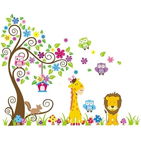 Rainbow Fox Wall Decal jungle forest lion and giraffe , squirrel owl on colorful tree wall stickers for nursery nursery bedroom Cover