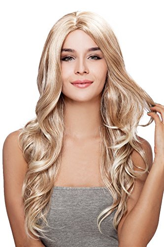 Kalyss Long Body Wavy Curly Perücken Ombre Blonde Premium Synthetik Perücken Hitzebeständig Perücken für Frauen Natürlich aussehende Mittelscheitel Haaransatz Mode suchen Perücken Cover