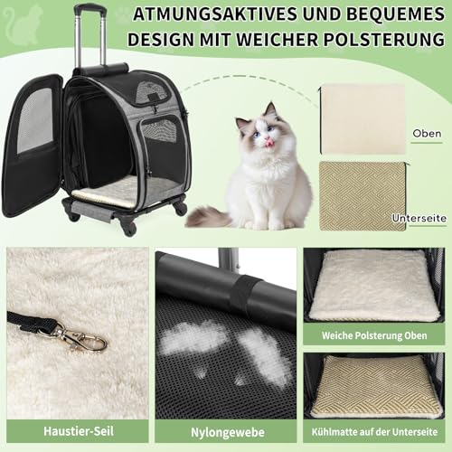 OUUTMEE Haustiertragetasche, abnehmbare Tragetasche mit Rädern, ideal für Katzen und kleine Hunde, Multifunktionaler Rucksack 4-Wege-Handtasche Atmungsaktiv (Grau)